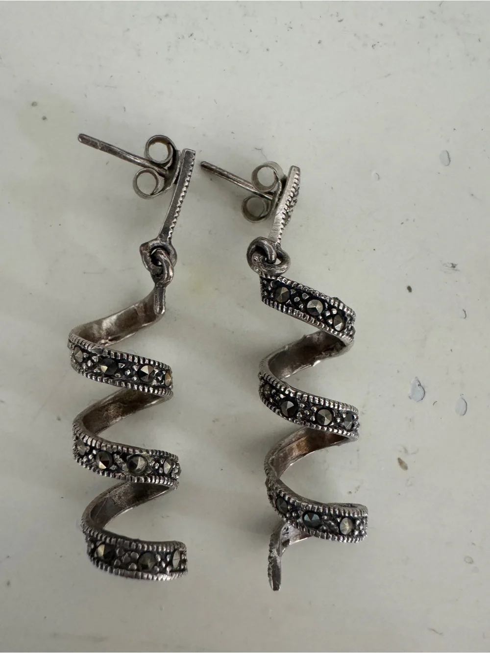 Sterling Silver Marcasite Spiral Drop Earrings - Silver
